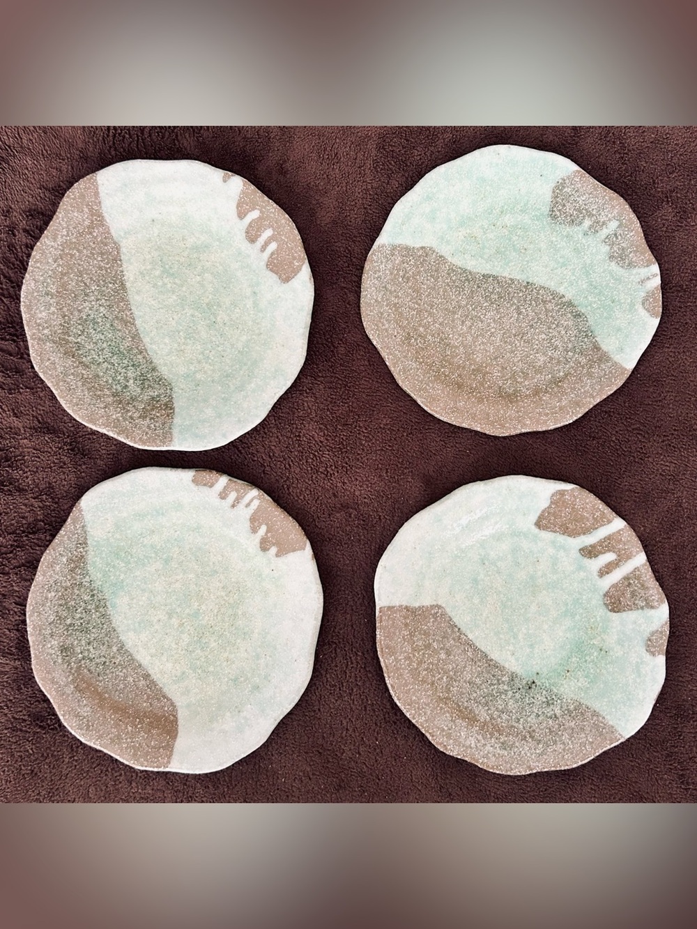 Handmade Ceramic Plate Set in Seafoam Green and Tan